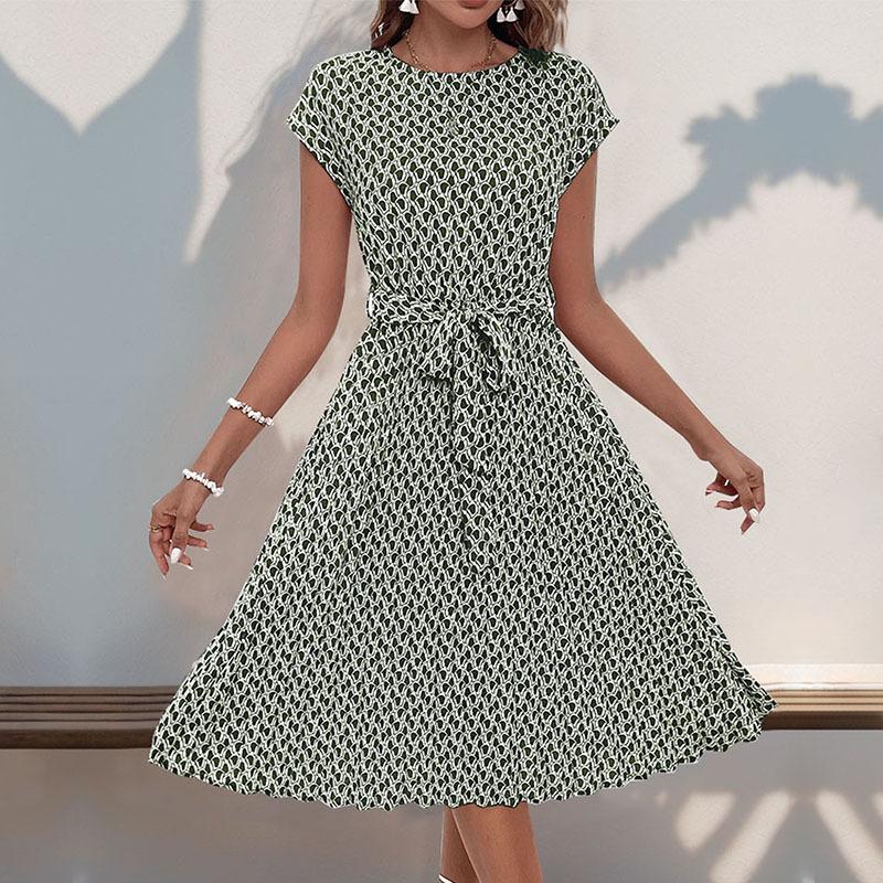 Summer Women's Dress Round Neck Elegant Fashion Printed Pleated Dresses