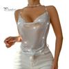 Women Sequin Sling Tops Halter Sleeveless Backless Short Vest with Metal Chain Laces And Swing Collar Sexy Camisole