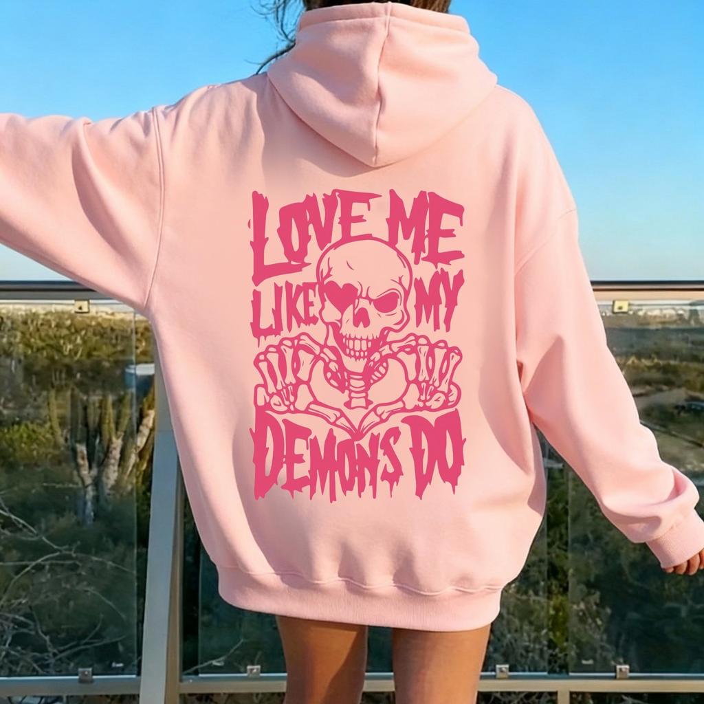 Lettered skull man pattern printed kangaroo pocket hooded sweatshirt casual sleeved drawstring hooded pullover women's clothing