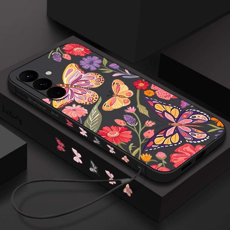 Чехол для телефона с бабочками и цветами для Samsung Galaxy A56 A17 A26 A16 A36 A55 A54 A53 A15 S24 S25 FE S25 S22 S23 Ultra Plus со шнурком, мягкая накладка