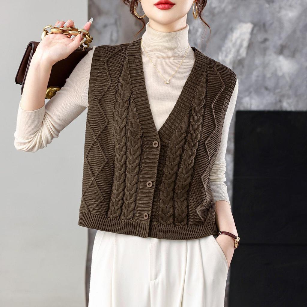 Women's Loose Wool V-Neck Sleeveless Sweater Vest for Autumn & Spring