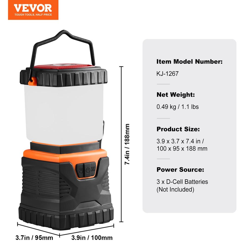 VEVOR LED Camping Lantern, All-in-one, 1000LM, 360 degrees Illumination, 4 Lighting Modes, Battery Powered Light, Outdoor Robust Flashlight