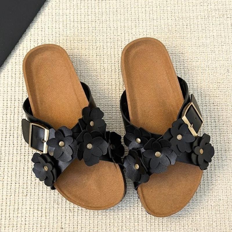 Fashion Sweet Flower Decoration Flat Slippers Women Retro Thick Bottom Cross Tied Slide Sandals Comfort Open Toe Designer Beach Sandals