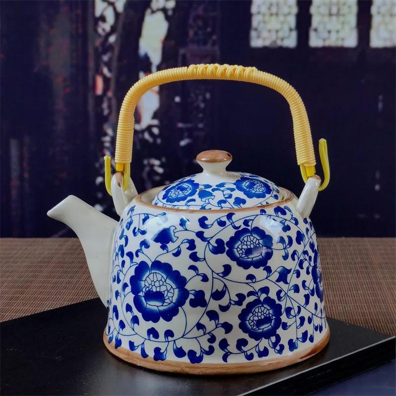 Бытовой фарфоровый чайник, керамический большой вместительный горшок для прохладной воды, большой синий и белый фарфоровый горшок с петлевой ручкой в ​​стиле ретро