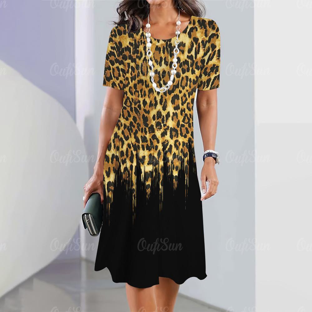 Женская мини-юбка с леопардовым принтом, модные летние платья до колена, уличные элегантные игривые платья 2023 года с круглым вырезом, женские топы, пуловеры