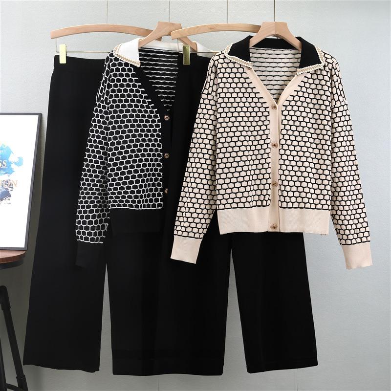 Spring Women Plaid V Neck Style Knit Cardigan Fashion Wide Leg Pants Two Piece Set