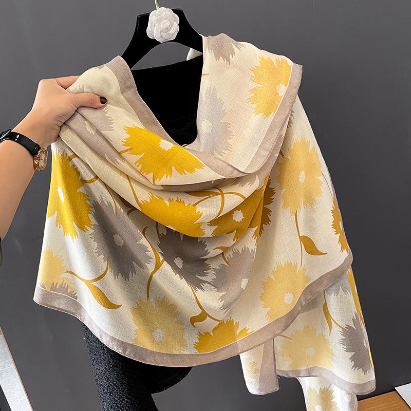 Korean Style Floral Cotton Linen Scarf - Versatile Autumn/Winter Shawl for Women