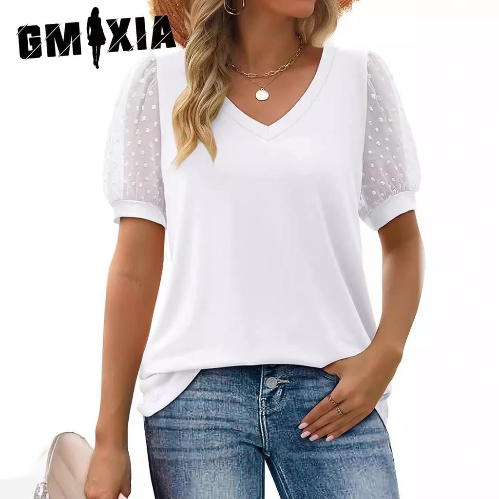 GMXIA Summer Women's T-shirt Solid Color V-neck Simple Mesh Puffed Sleeves