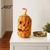 Retro Dark Style Living Room Decor Handwoven Pumpkin Lantern, Vintage Rustic Halloween Decor, Hollow Smile Boho Desktop Art Face Storage Jar with Lid,