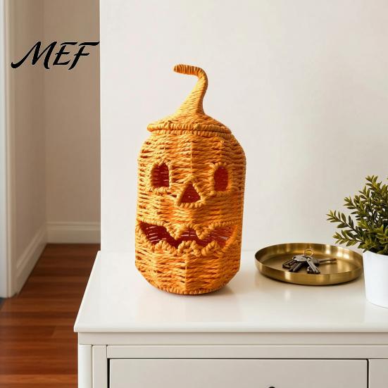 Retro Dark Style Living Room Decor Handwoven Pumpkin Lantern, Vintage Rustic Halloween Decor, Hollow Smile Boho Desktop Art Face Storage Jar with Lid,