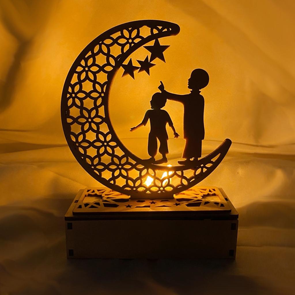 Eid Ramadan Night Lights Wooden Moon Light Ramadan Eid Mubarak Desk Lamp Crescent Party LED Fairy