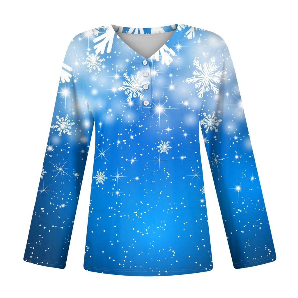 Women's Casual Fashion Sexy Comfort Christmas Printed V-Neck Button Long Sleeve