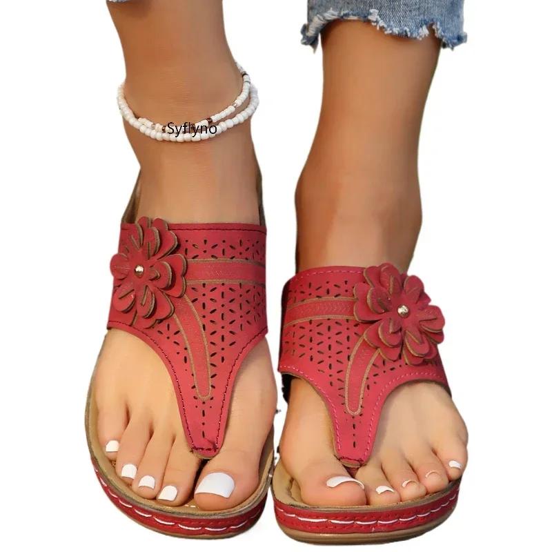 Women's Retro Flower Wedge Sandals Summer Beach Non Slip Platform Flip Flops Woman Comfortable Clip Toe Outdoor Slippers Slides