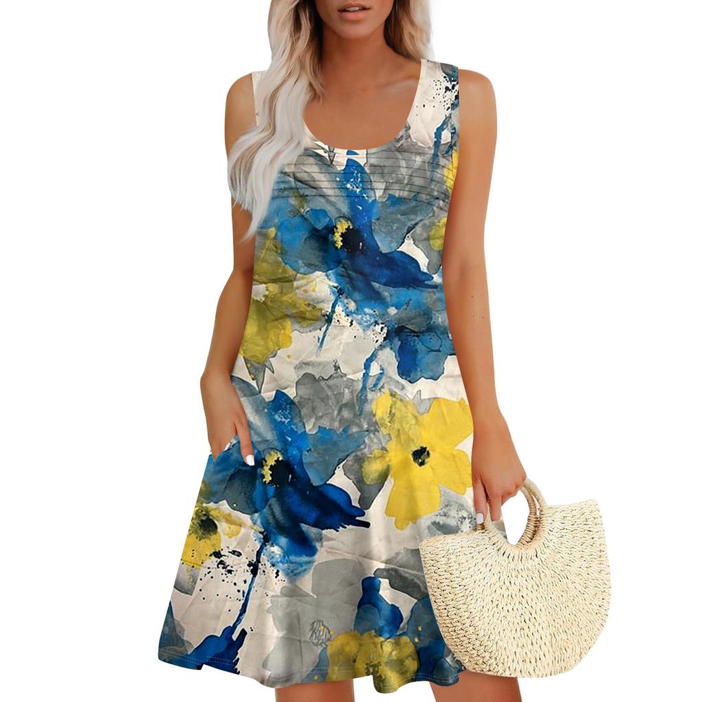 Womens Summer Dresses Loose U Neck Sleeveless Sundresses Dress With Pockets