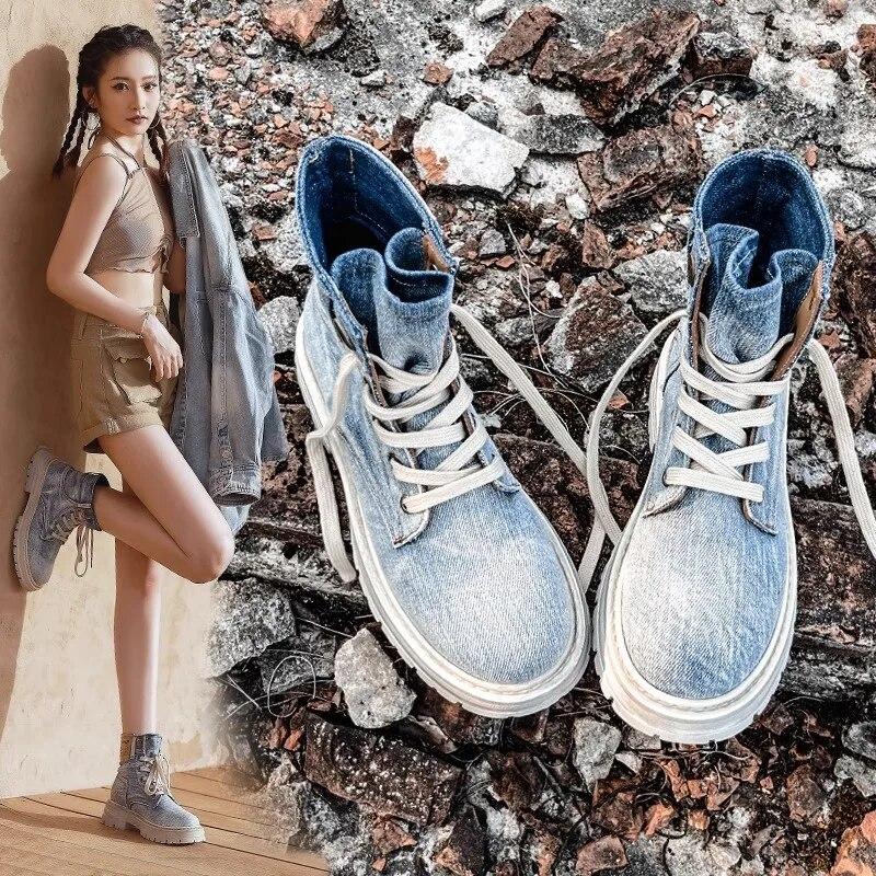 Женские ботильоны в стиле ретро, ​​обувь на толстой подошве со шнуровкой, женские короткие ботинки с круглым носком, джинсовые ботинки в стиле вестерн в деловом стиле