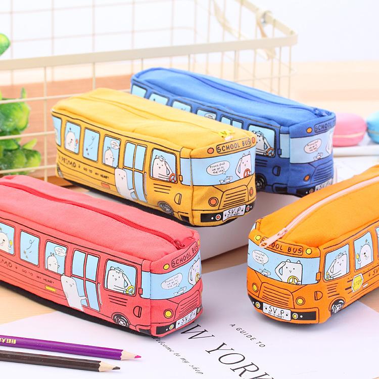 Cartoon Bus Pencil Bag Canvas Large Capacity Car Zipper Pen Pencilcase for Student Stationery School Supplies