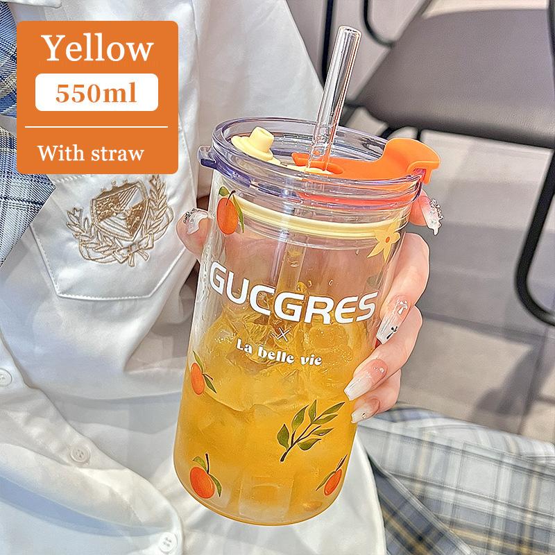 Стеклянный стакан 550 мл с рисунком Цветок, прозрачный, с крышкой и трубочкой, стакан для бабл-ти, кружка для холодного кофе, стаканы для сока, молока, воды, посуда для напитков