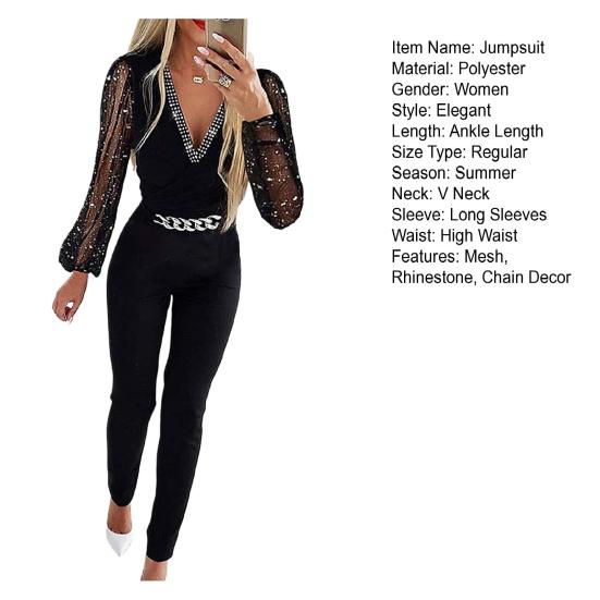 Женский комбинезон со стразами, прозрачная сетчатая цепочка с декором, облегающий длинный комбинезон с v-образным вырезом и высокой талией, однотонный деловой стильный длинный комбинезон