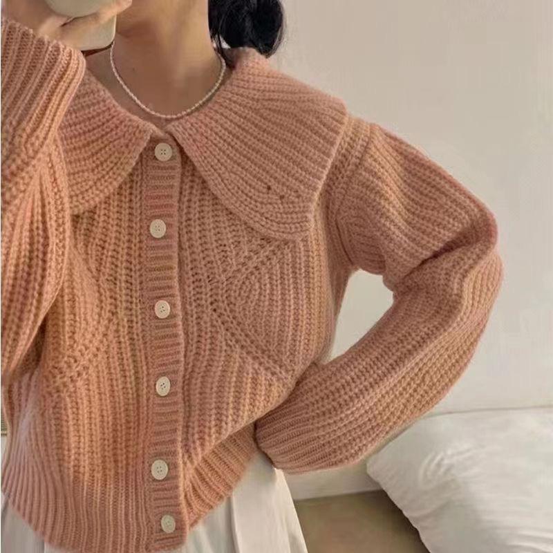 Fashion Elegant Doll Collar Knitted Cardigan Women Sweater Autumn/winter Casual Lapel Loose Coats Long Sleeved Jacket Sweet Simple Solid Top