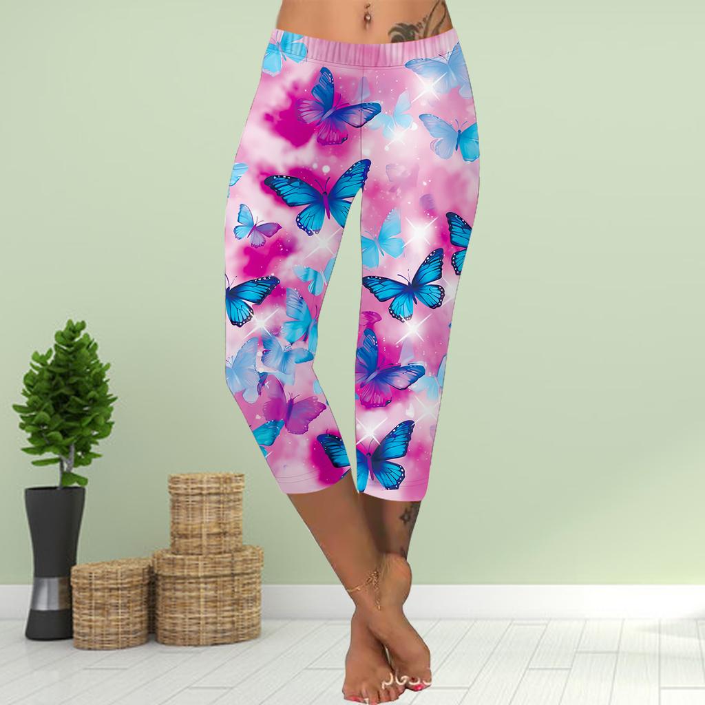 Брюки летние короткие леггинсы укороченные узкие брюки леггинсы больших размеров женские облегающие брюки с принтом 3D Golden Butterfly