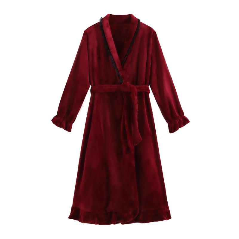 Velvet Robe Women Fall Winter Long-sleeved Bathrobe Court Style French Velvet Pajamas Bridal Red Morning Robe Thickened Homewear
