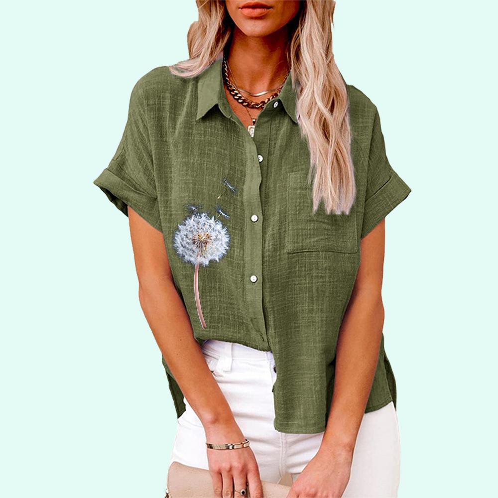 Плюс размер Женская мода цветочный принт футболка лето и осень повседневный льняной топ женская свободная застегивающаяся на пуговицы блузка с коротким рукавом