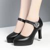 Women's Pumps Pointed Toe Office Soft Leather Flower Buckle Strap Platform High Heels Four Season Shallow Mouth Single Shoes