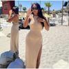 Knit Lace-up Split Long Women Dress Solid Halter Cover Up See Through Summer Lady Beach Robes