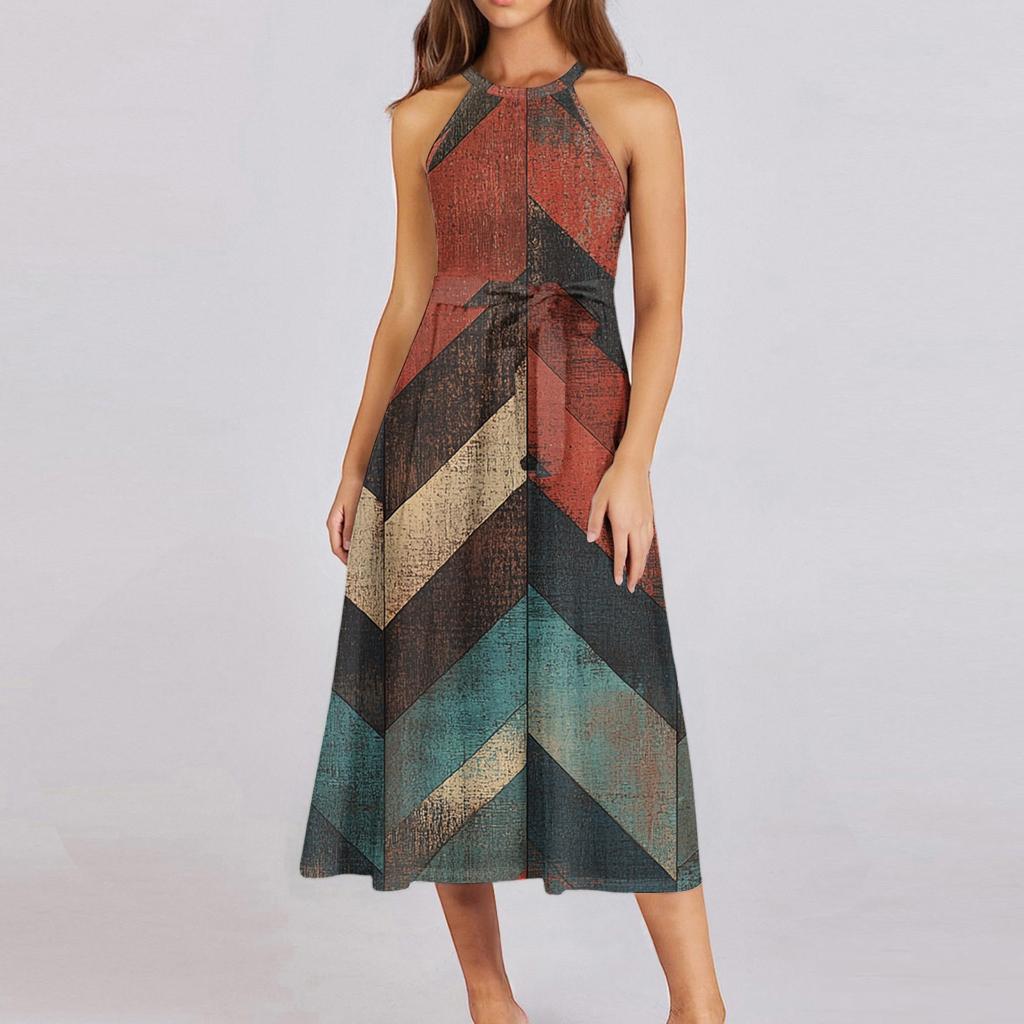 Женское повседневное платье миди с круглым вырезом, классическое, повседневное, без рукавов, свободное платье в стиле бохо с завязками, летний пляжный сарафан