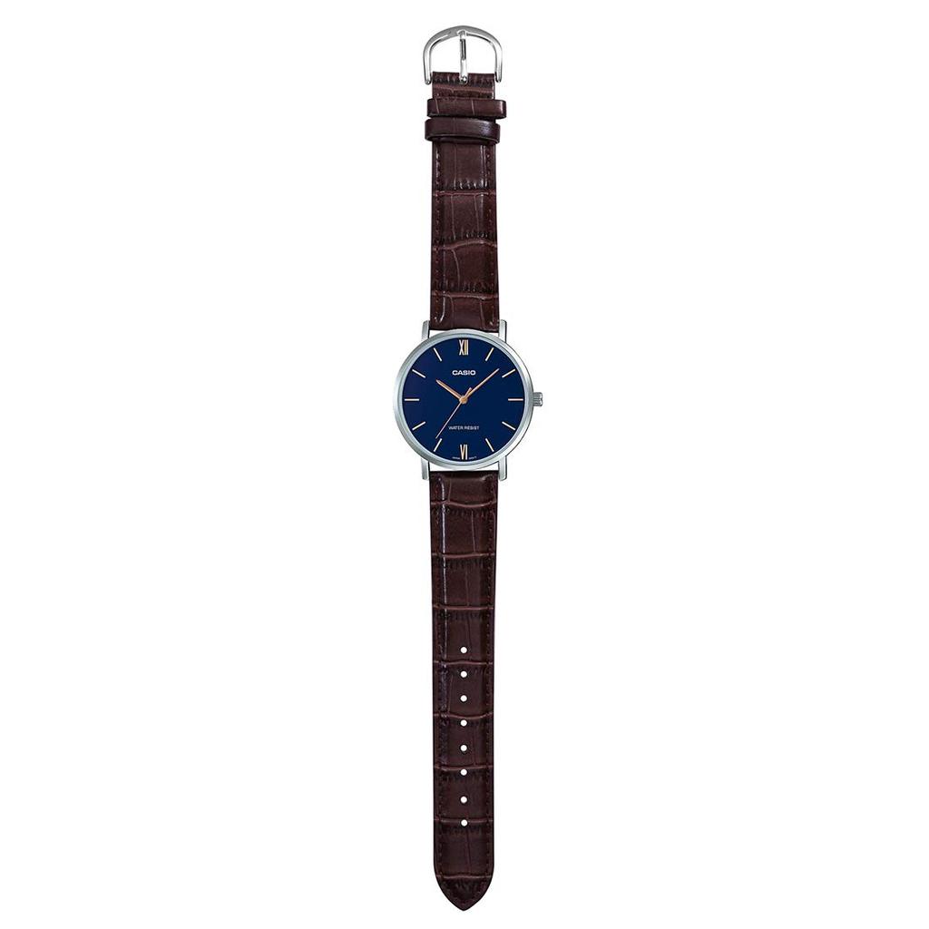 Casio Минималистичные Аналоговые Часы с Синим Циферблатом и Коричневым Кожаным Ремешком, Кварцевые, MTP-VT01L-2B, Мужские, Цвет: Серебристый, Размер, Механизм.
