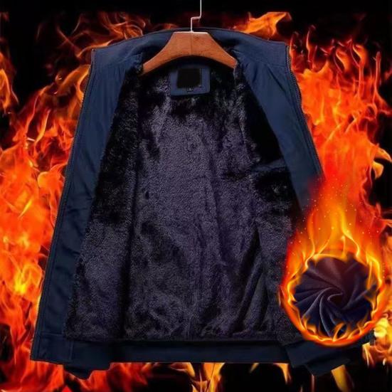 Men Fall Winter Coat Thick Plush Stand Collar Neck Protection Long Sleeve Thermal Cold Resistant Zip Up Cardigan Solid Color Windproof Mid-aged