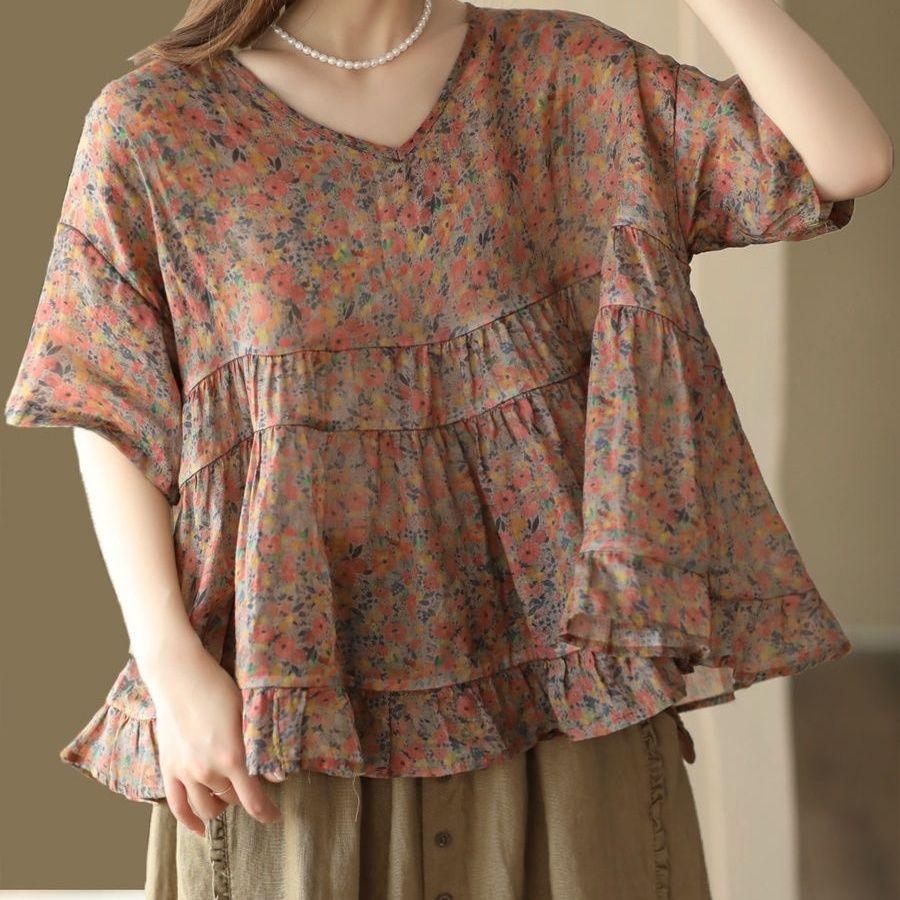 Весна Лето Новая Винтажный Принт Женская Рами Пуловер Рубашка с Элегантной Лоскутной Детской Рубашкой