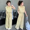 Girls' Summer Set 2026 New Casual Sleeveless Shirt, Wide Leg Pants, Two Piece Set, Medium and Large, Stylish and Trendy for Children