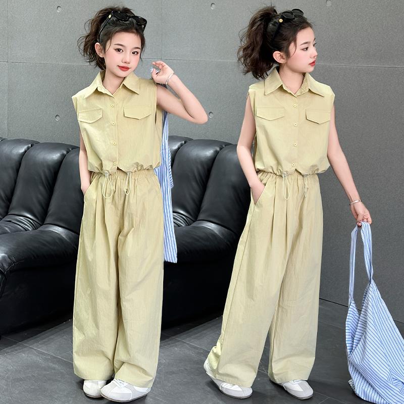 Girls' Summer Set 2026 New Casual Sleeveless Shirt, Wide Leg Pants, Two Piece Set, Medium and Large, Stylish and Trendy for Children