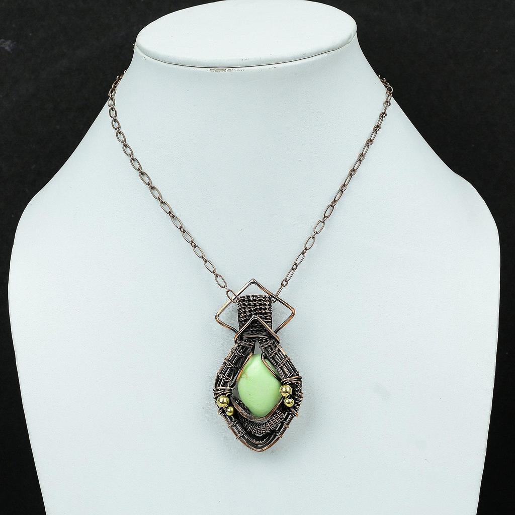 Кулон с лимонным хризопразом, медная проволока, кулон, драгоценный камень, медные украшения, уникальный кулон, проволочная обмотка, ювелирные изделия с хризопразом, кулон ручной работы