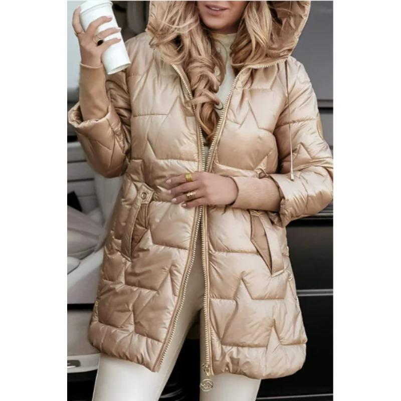 Парка Женская Хлопковая Утепленная Куртка С Капюшоном Верхняя Одежда Зимняя Толстая Теплая Карманы Молния Пуховик Ветрозащитная Средней Длины Пальто