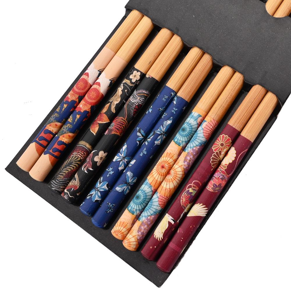 Многоразовый набор из 5 пар бамбуковых палочек ручной работы в японском стиле из натурального дерева, палочки для еды, суши, еды, кошек, цветов, разноцветные деревянные палочки для еды