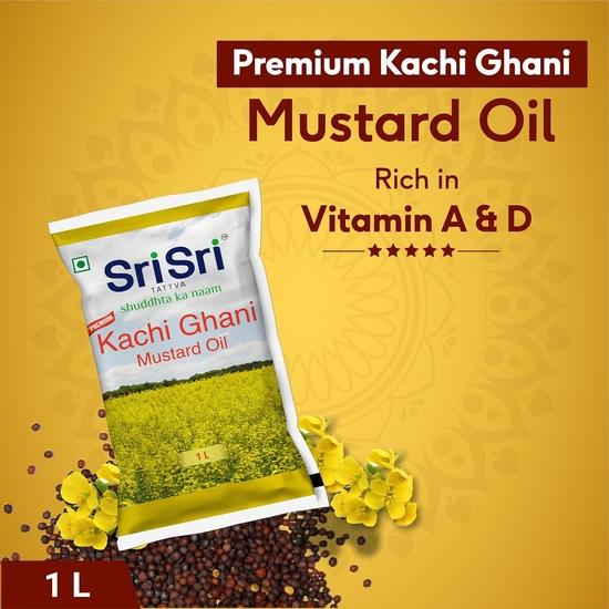 Sri Sri Tattva Масло горчицы премиум-класса Качи Гани в пакетике | 1 л | Натуральное, без холестерина | Без масла аргемоны | Обогащено витаминами А и D