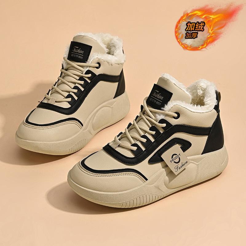 Флисовые высокие маленькие белые туфли для женской зимы 2025 года, новые студенческие туфли на платформе в корейской версии, утолщенные теплые повседневные хлопковые туфли