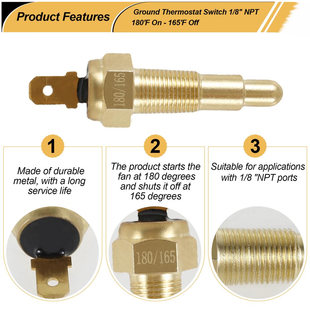 Universal Engine Cooling Fan Thermostat Switch 1/8" NPT 180 Fahrenheit On 165 Fahrenheit Off Water Temperature Sensor