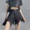 Black High-Waisted Ripped Denim Shorts - Summer 2022 Trendy Women's A-Line Hot Pants