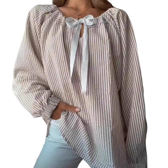 Женская рубашка с круглым вырезом, бантом, шнуровкой, длинным рукавом, полосатым принтом, свободный крой, для вечеринок, офиса, повседневной носки