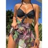 Ladies Swimsuit Biquini Outfits Summer Halter Bra+Thong+Skirts Three Piece Bathing Suit Sexy Flower Print Beach Bikini For Women