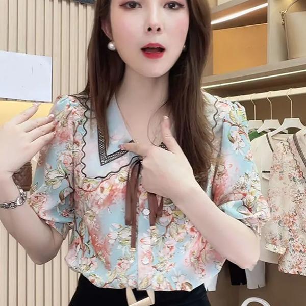 WTEMPO Spring Summer Floral Printed Chiffon Shirts Women's Three Quarter Sleeve Casual Loose Elegant Blouses