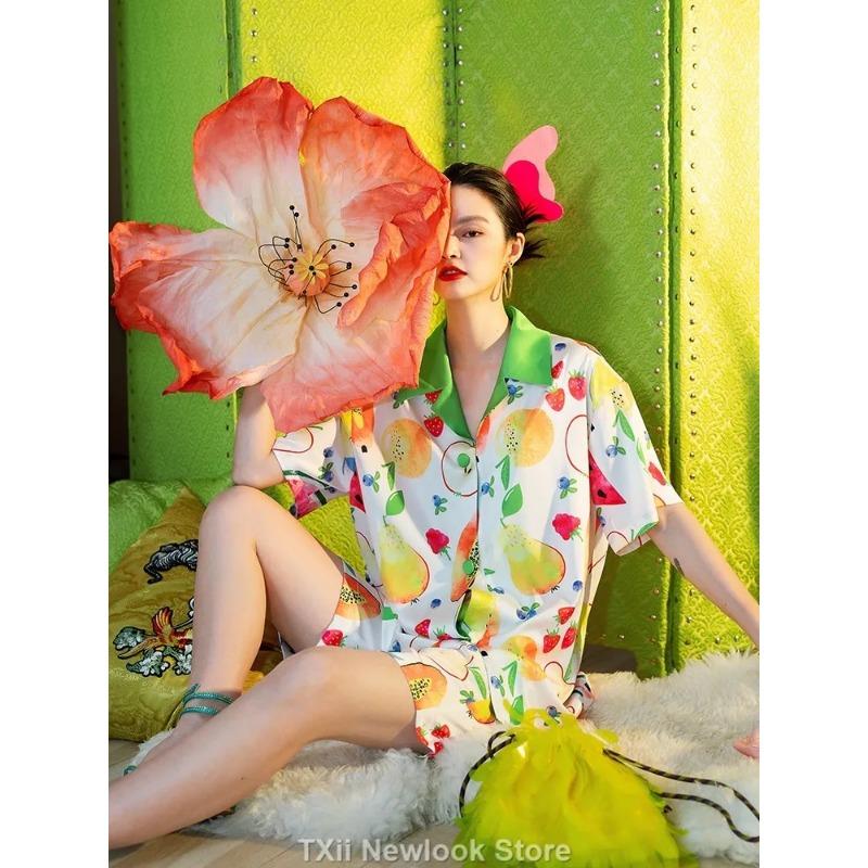 Летний чувственный комплект пижамы с короткими рукавами из ледяного шелка с принтом + комплект с длинными рукавами