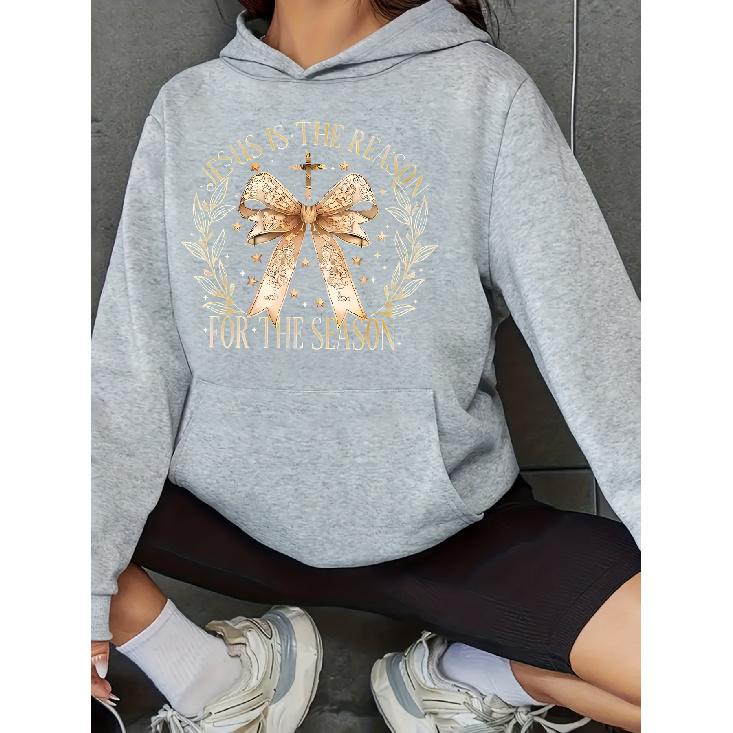 JESUS IS THE REASON FOR THE SEASON Loose Casual Hoodie with Bowknot Cross