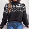 Осень и Зима Этнический Стиль Ретро Жаккардовый Рукав-фонарик Пуловер С высоким воротом Женская Одежда