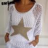 Summer Five Star Crew Neck Sweater for Women Commute Elegant Seven Quarter Sleeve Top Air Conditioning Shirt