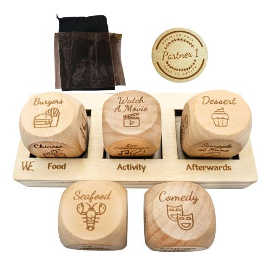 1 набор игральных костей для принятия решений для пар, 5 деревянных игральных костей и набор игральных костей для свиданий, игральные кости для еды на День святого Валентина, девичник, свадебный подарок
