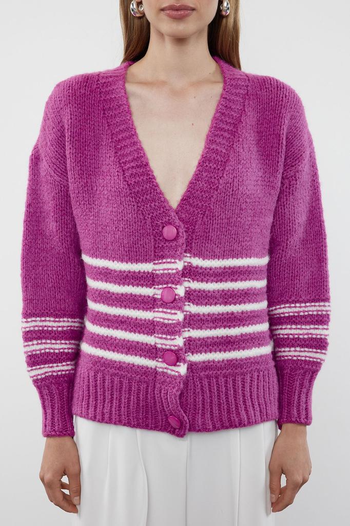 Women's Elegance Style Cardigan Black Soft Textured Striped Knitwear Cardigan